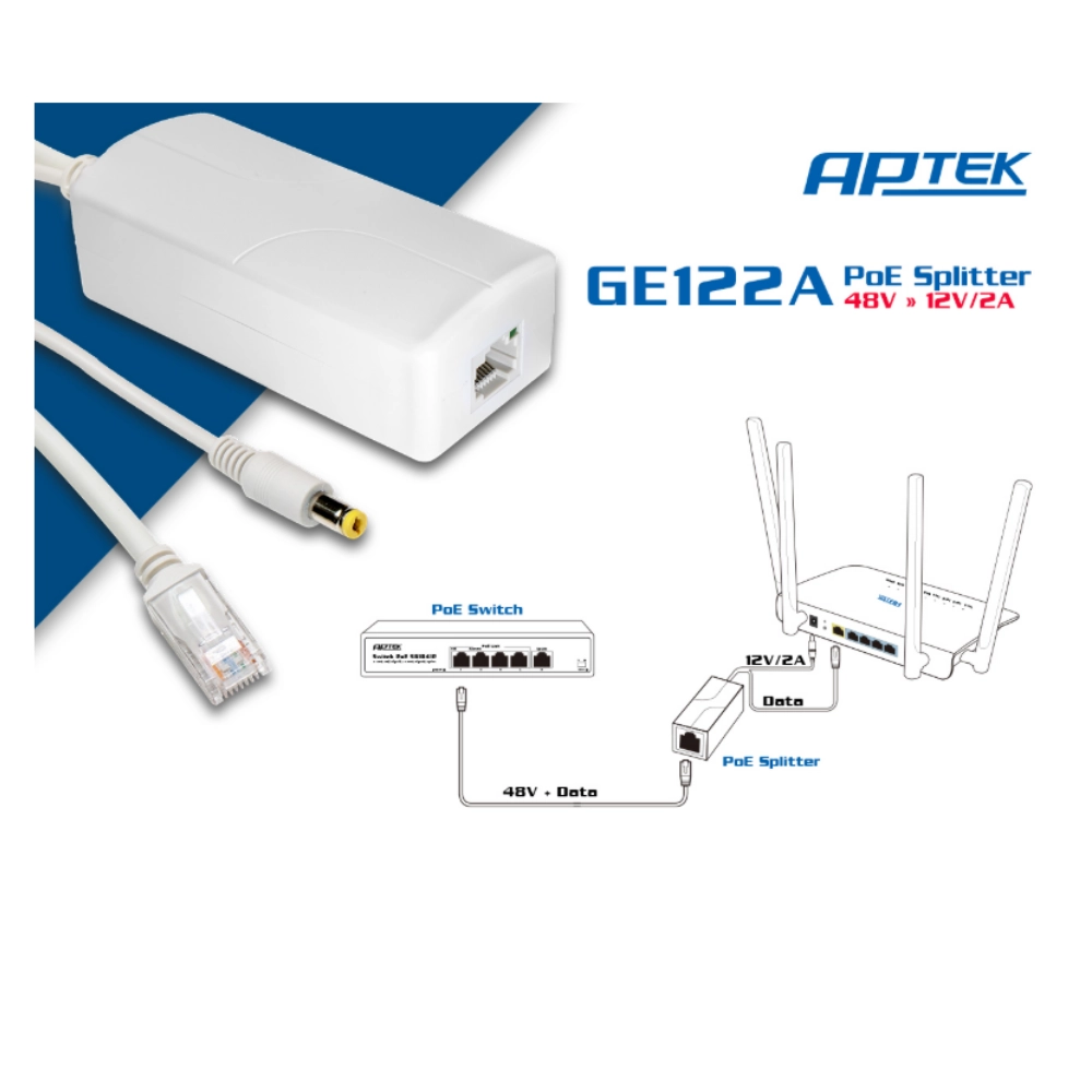 PoE Splitter APTEK GE122A Gigabit 48V sang 12V/2A