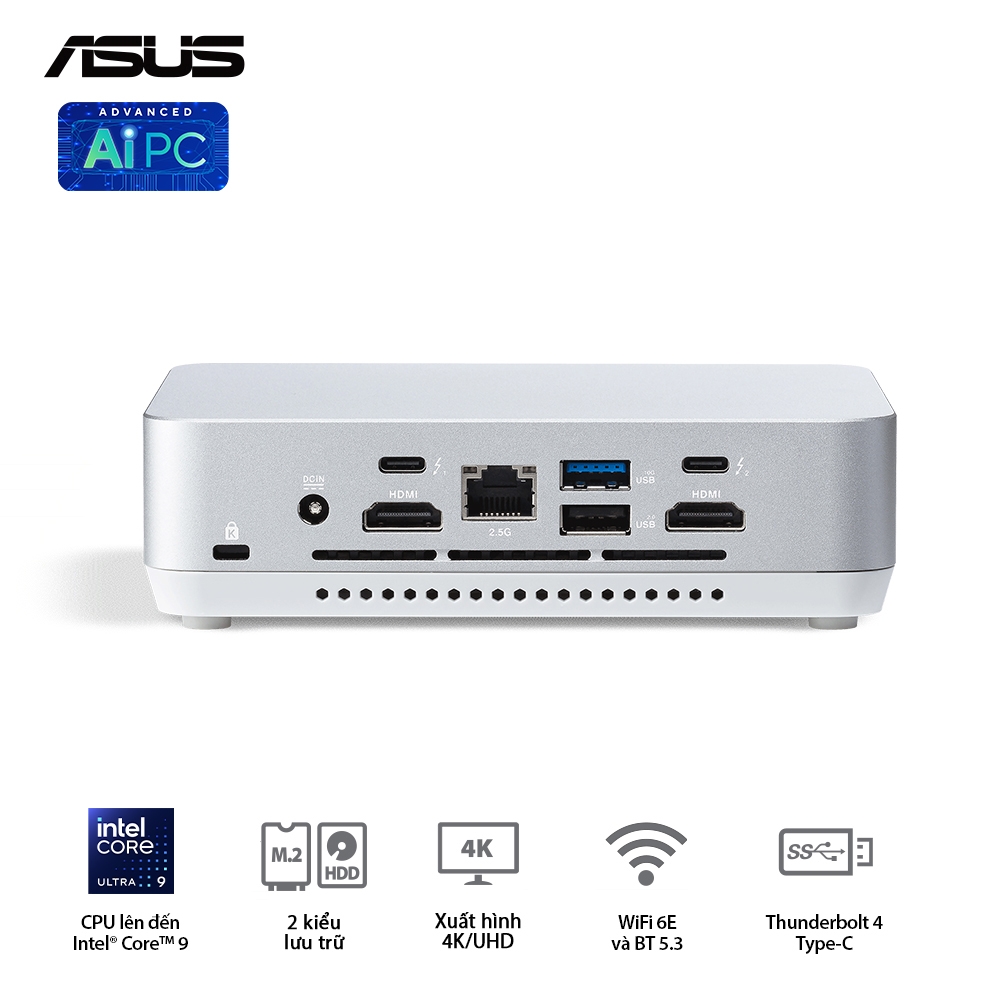 Bộ Mini PC Asus NUC 14 PRO Tall RNUC14RVSU7 (U7- 155H/ 2xNVMe/ 2x HDMI 2.1/2x DP 1.4a/ VESA MOUNT/ WHITE)