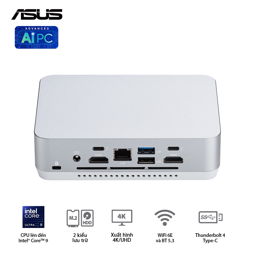 Bộ Mini PC Asus NUC 14 PRO Tall RNUC14RVSU7 (U7- 155H/ 2xNVMe/ 2x HDMI 2.1/2x DP 1.4a/ VESA MOUNT/ WHITE)