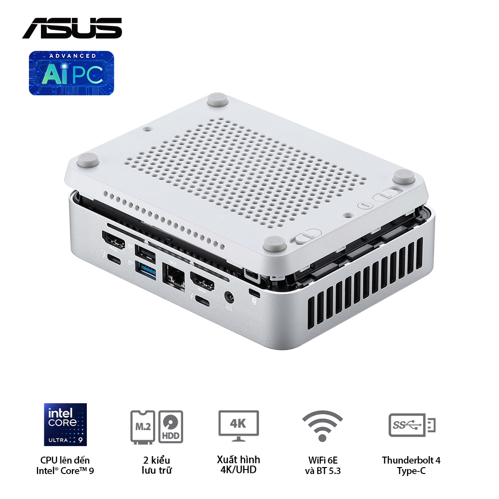 Bộ Mini PC Asus NUC 14 PRO Tall RNUC14RVSU500001I (U5- 125H/ 2xNVMe/ 2x HDMI 2.1/2x DP 1.4a/ VESA MOUNT/ WHITE)