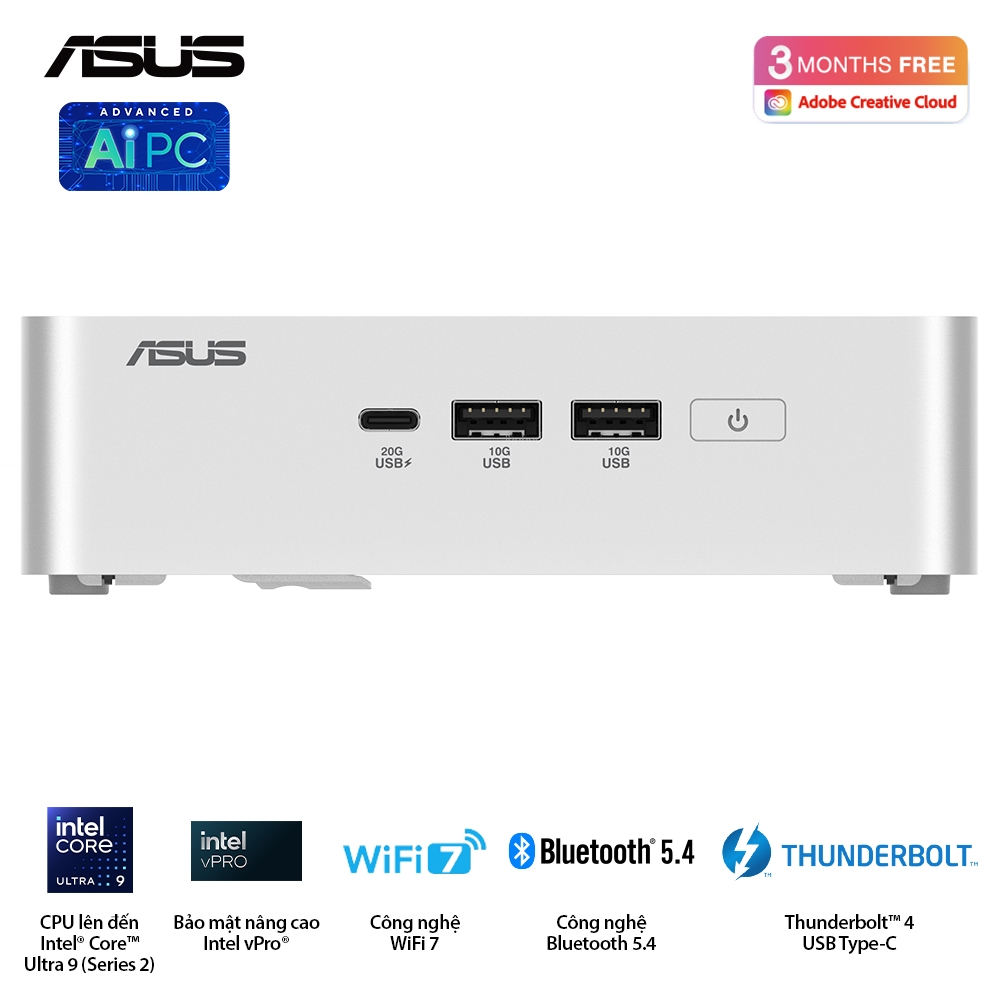 Bộ Mini PC Asus NUC 15 PRO Tall RNUC15CRSU700000I (Intel Core Ultra 7 255H | 2xDDR5-6400 | 2xNVMe | 2x HDMI 2.1 | 2x Thunderbolt | VESA MOUNT | WHITE)