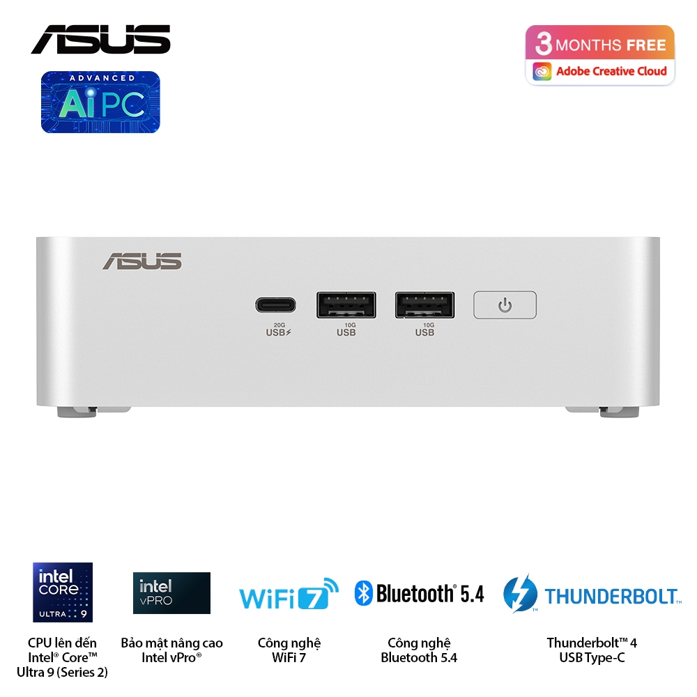 Bộ Mini PC Asus NUC 15 PRO Tall RNUC15CRSU700000I (Intel Core Ultra 7 255H | 2xDDR5-6400 | 2xNVMe | 2x HDMI 2.1 | 2x Thunderbolt | VESA MOUNT | WHITE)