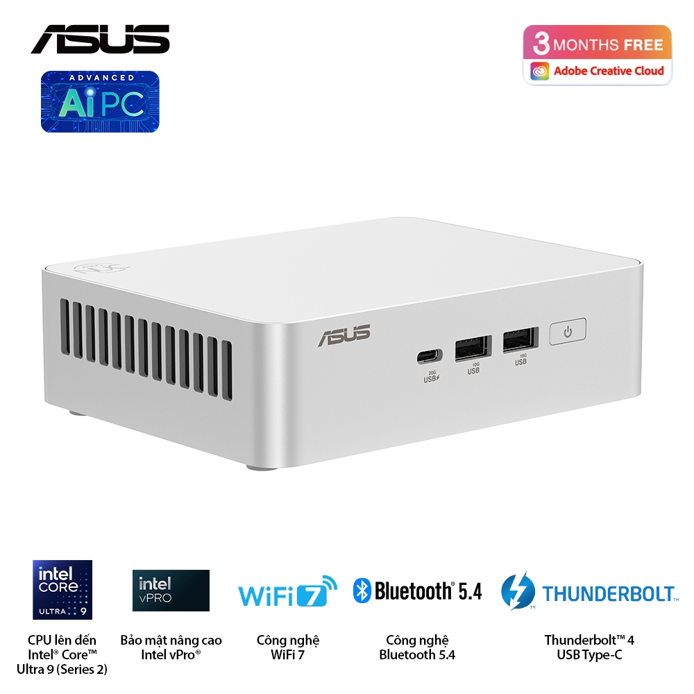 Bộ Mini PC Asus NUC 15 PRO Tall RNUC15CRSU700000I (Intel Core Ultra 7 255H | 2xDDR5-6400 | 2xNVMe | 2x HDMI 2.1 | 2x Thunderbolt | VESA MOUNT | WHITE)