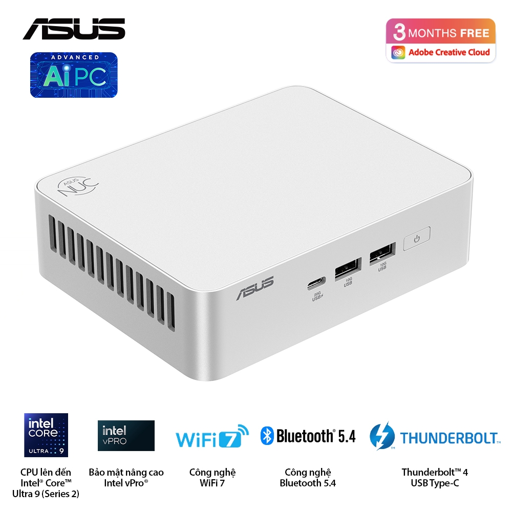 Bộ Mini PC Asus NUC 15 PRO Tall RNUC15CRSU700000I (Intel Core Ultra 7 255H | 2xDDR5-6400 | 2xNVMe | 2x HDMI 2.1 | 2x Thunderbolt | VESA MOUNT | WHITE)