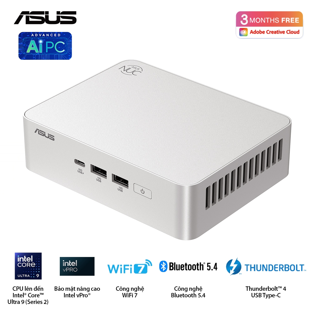 Bộ Mini PC Asus NUC 15 PRO Tall RNUC15CRSU700000I (Intel Core Ultra 7 255H | 2xDDR5-6400 | 2xNVMe | 2x HDMI 2.1 | 2x Thunderbolt | VESA MOUNT | WHITE)