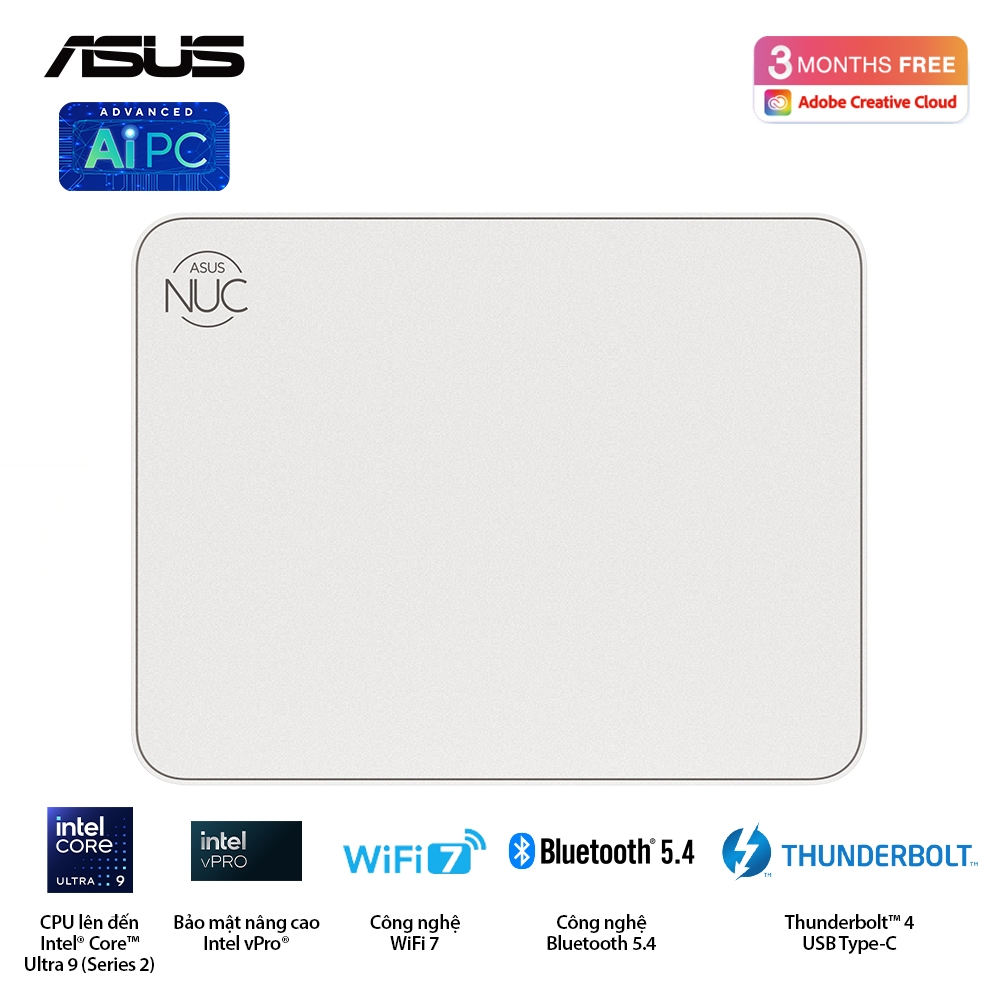 Bộ Mini PC Asus NUC 15 PRO Tall RNUC15CRSU700000I (Intel Core Ultra 7 255H | 2xDDR5-6400 | 2xNVMe | 2x HDMI 2.1 | 2x Thunderbolt | VESA MOUNT | WHITE)