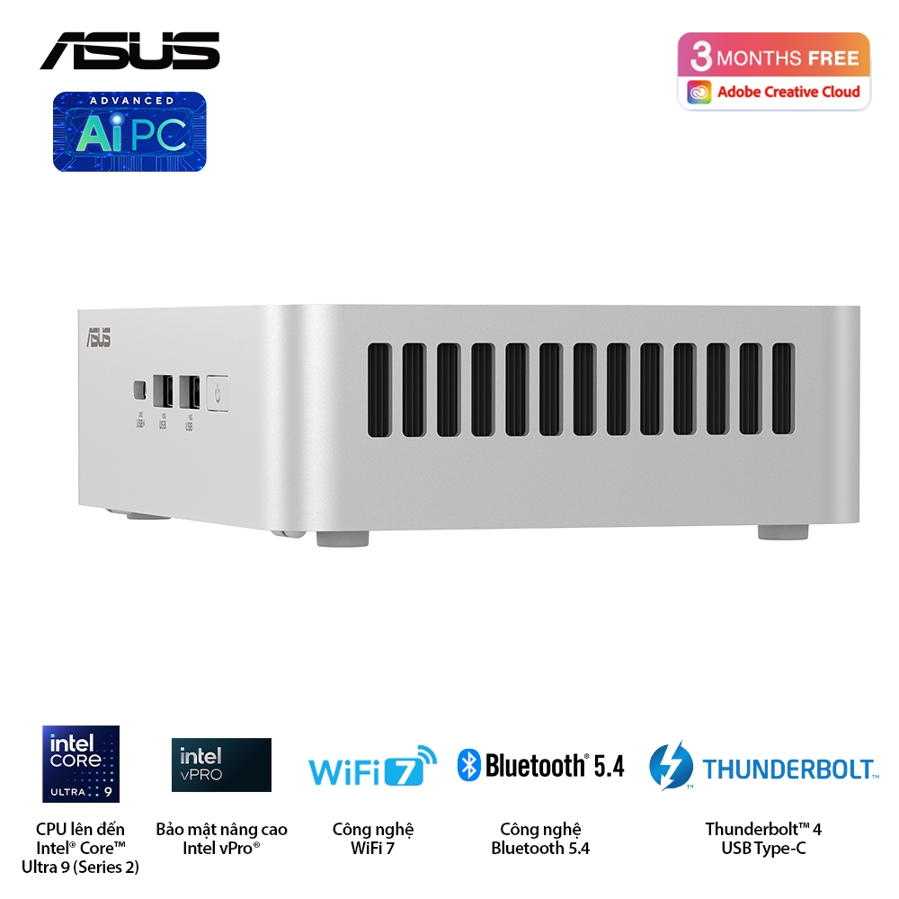 Bộ Mini PC Asus NUC 15 PRO Tall RNUC15CRSU700000I (Intel Core Ultra 7 255H | 2xDDR5-6400 | 2xNVMe | 2x HDMI 2.1 | 2x Thunderbolt | VESA MOUNT | WHITE)