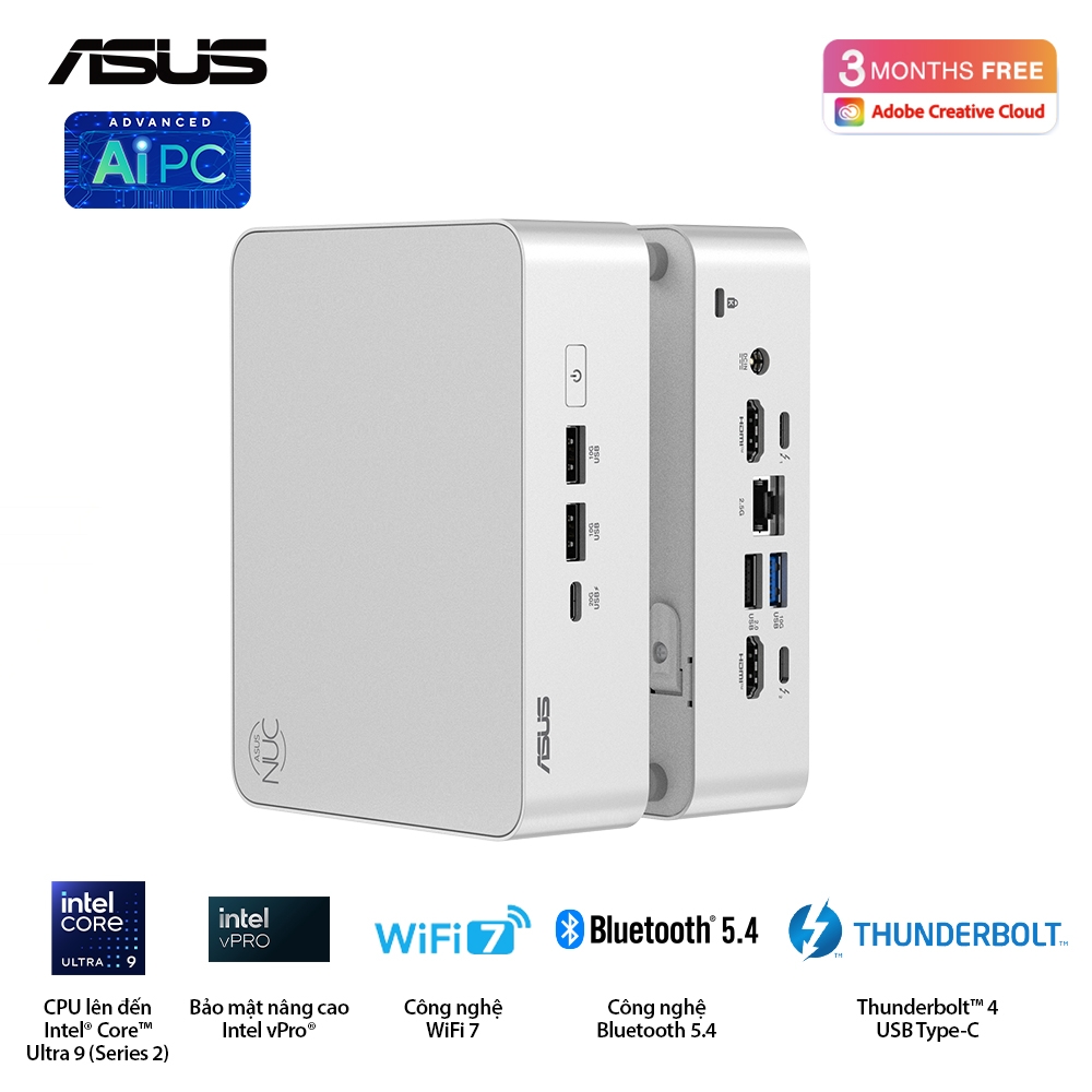 Bộ Mini PC Asus NUC 15 PRO Tall RNUC15CRSU700000I (Intel Core Ultra 7 255H | 2xDDR5-6400 | 2xNVMe | 2x HDMI 2.1 | 2x Thunderbolt | VESA MOUNT | WHITE)