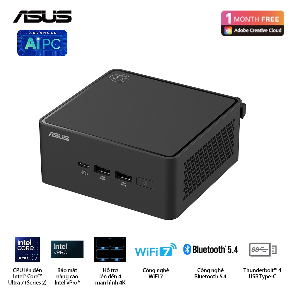 Bộ Mini PC Asus NUC 15 PRO Tall RNUC15CRHU700000I (Intel Core Ultra 7 255H | 2xDDR5-6400 | 2xNVMe,SATA | 2x HDMI 2.1 | 2x Thunderbolt | VESA MOUNT | Black)