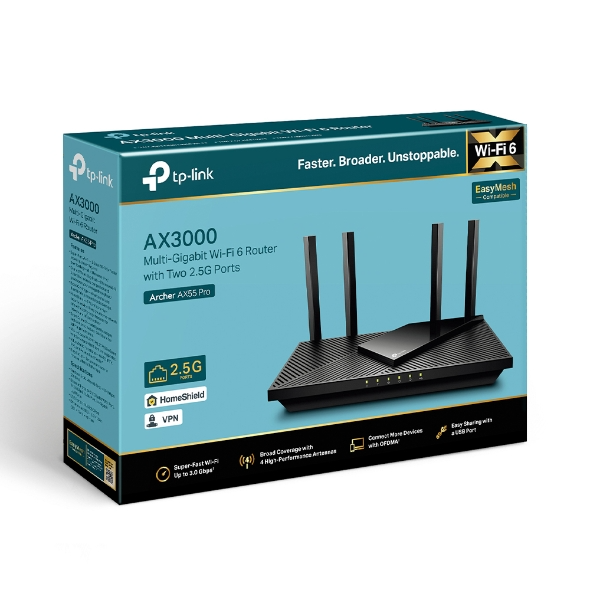 Router Wi-Fi TP-Link Archer AX55 Pro (Wi-Fi 6, AX3000, 2 cổng 2.5Gbps, 3 cổng Gigabit, USB)