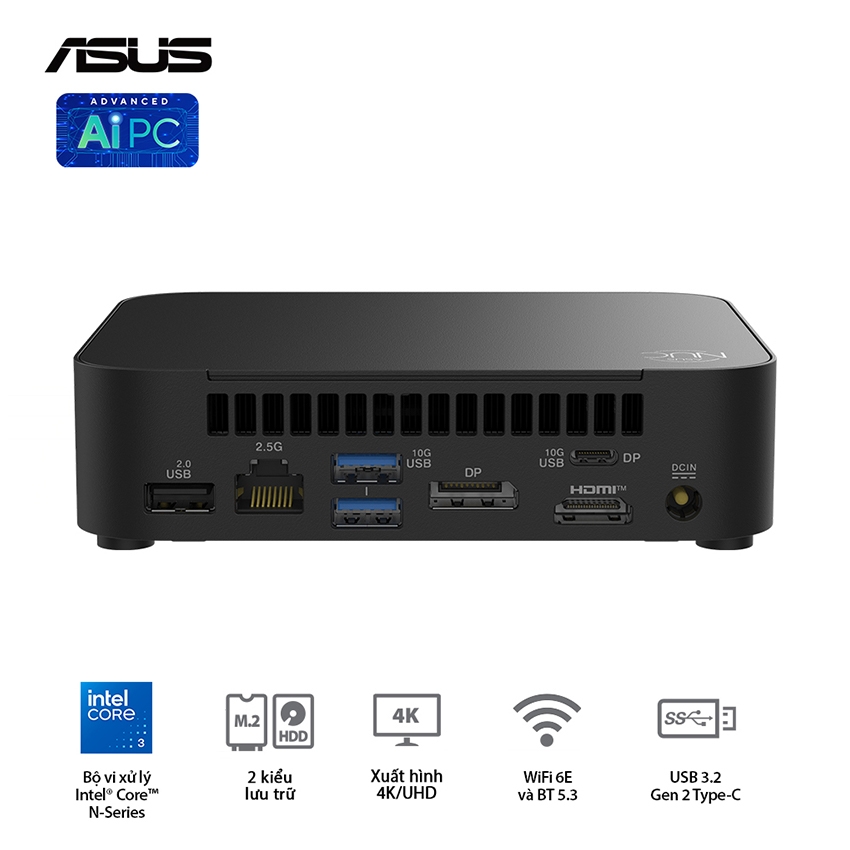Bộ Mini PC Asus NUC 14 Essential RNUC14MNK355 ( NUC14MNK (N355)/1xDDR5-4800/1x M.2 22x80/2242 PCIe Gen3x4 /1x LAN/No-OS )