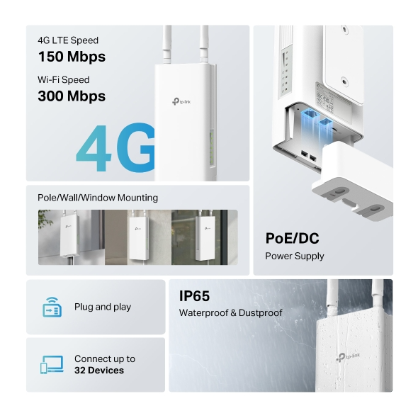Router 4G Wi-Fi Ngoài Trời TP-Link TL-MR100-Outdoor (4G LTE, Wi-Fi 4, 300Mbps, Nano SIM, IP65, PoE/DC)