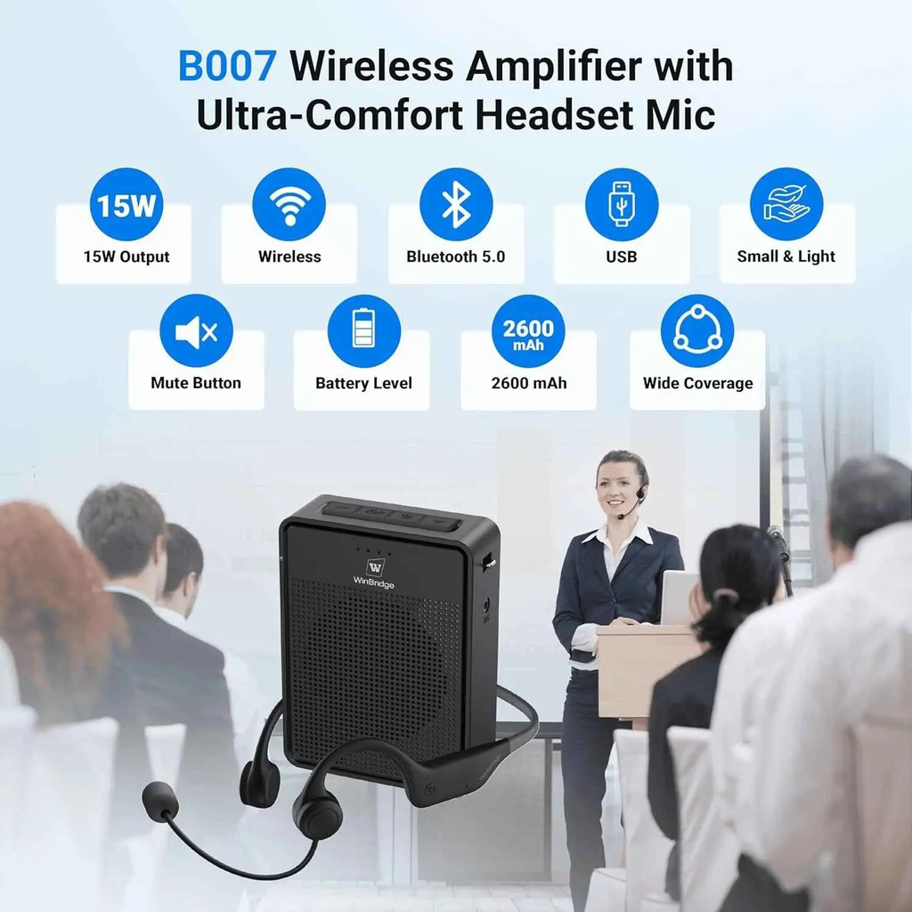 Loa trợ giảng WINBRIDGE B007 (15W, UHF Wireless, Pin 2600mAh, Bluetooth, USB, AUX)