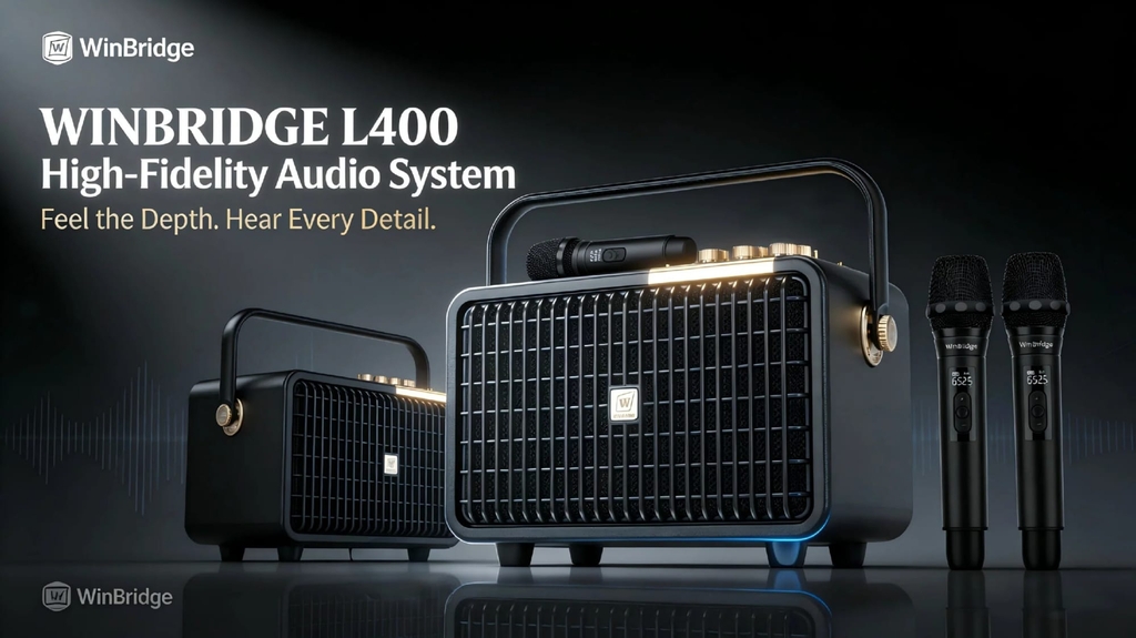 Loa Karaoke Di động WinBridge L400 (150W RMS, 240W Peak, 2 Micro UHF, Bluetooth, Bass 150W, Treble 45W ×2, pin 4500mAh, đen)