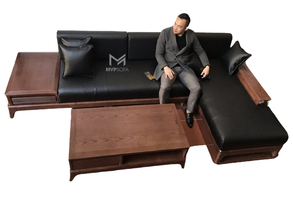 Mẫu sofa góc đẹp - Sofa góc L gỗ sồi chân cuộn 