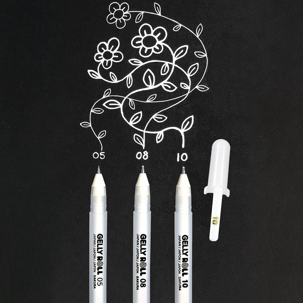 Bút bi Gel đi nét line màu trắng size 05, 08, 10 Sakura Gelly Roll - White