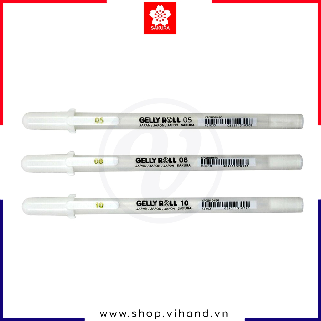 Bút bi Gel đi nét line màu trắng size 05, 08, 10 Sakura Gelly Roll - White