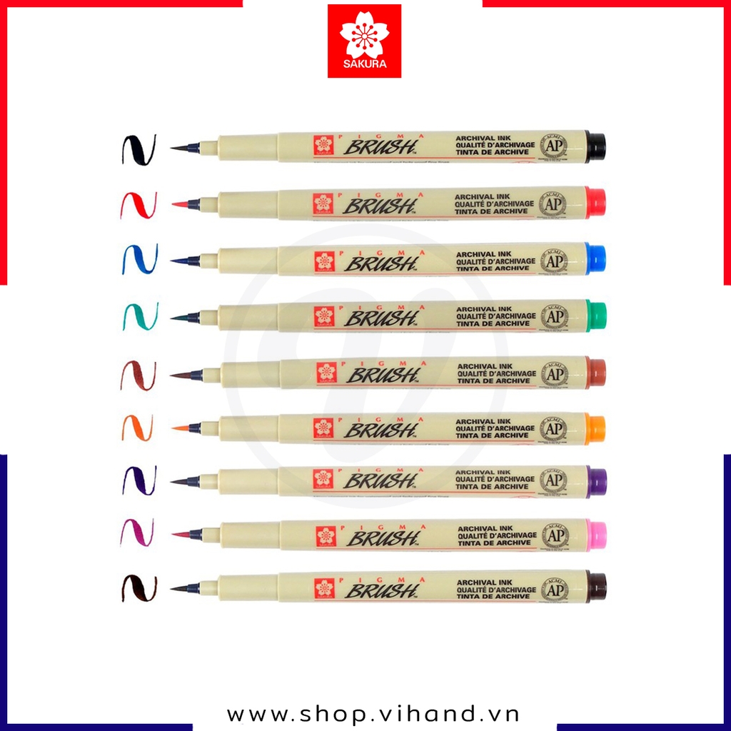 Bút lông ngòi cọ nhiều màu, mực kháng nước Sakura Pigma Brush