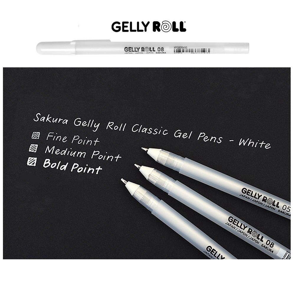 Bút bi Gel đi nét line màu trắng size 05, 08, 10 Sakura Gelly Roll - White