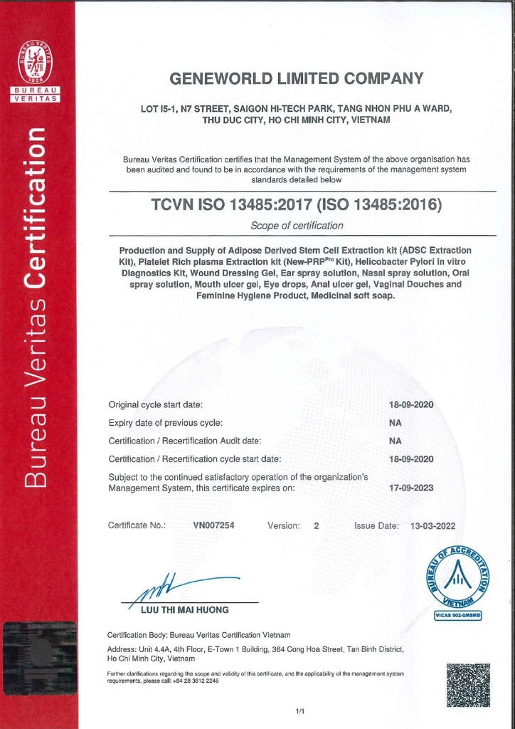 chứng nhận ISO 13485:2016 của Geneworld