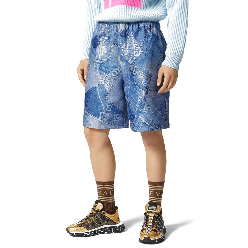 Versace x Fendi 'FENDACE DENIM PATCHWORK JACQUARD SHORTS'