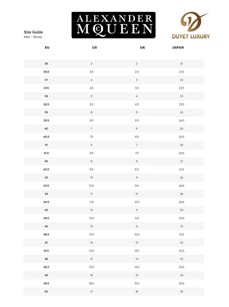 Alexander mcqueen size chart online