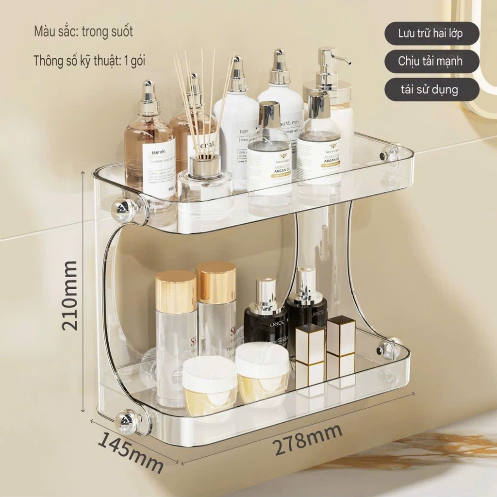 Kệ 2 tầng nhựa mica có 4 chân hút tường