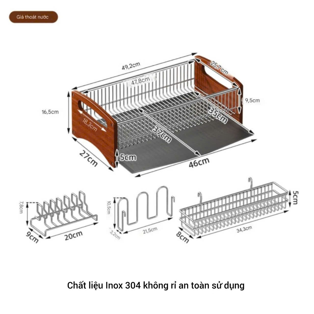 Kệ úp chén dĩa và để muỗng đũa bằng inox 304 và gỗ tự nhiên