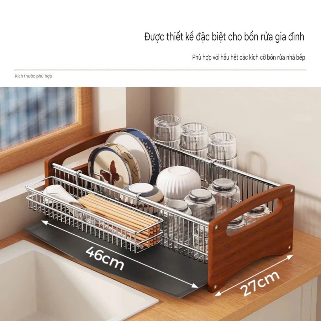 Kệ úp chén dĩa và để muỗng đũa bằng inox 304 và gỗ tự nhiên