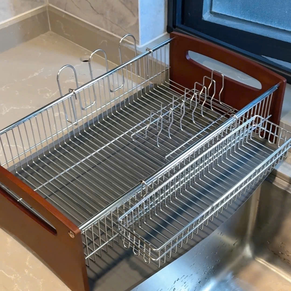 Kệ úp chén dĩa và để muỗng đũa bằng inox 304 và gỗ tự nhiên