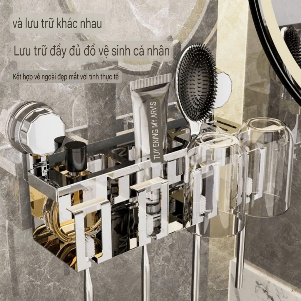 Bộ để bàn chải và kem đánh răng bằng thép và nhựa Mica