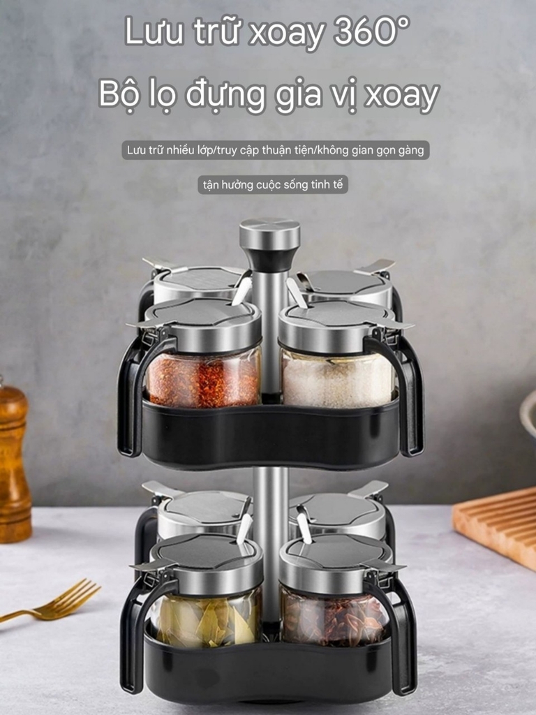 Bộ để gia vị 8 lọ có đế xoay 2 tầng