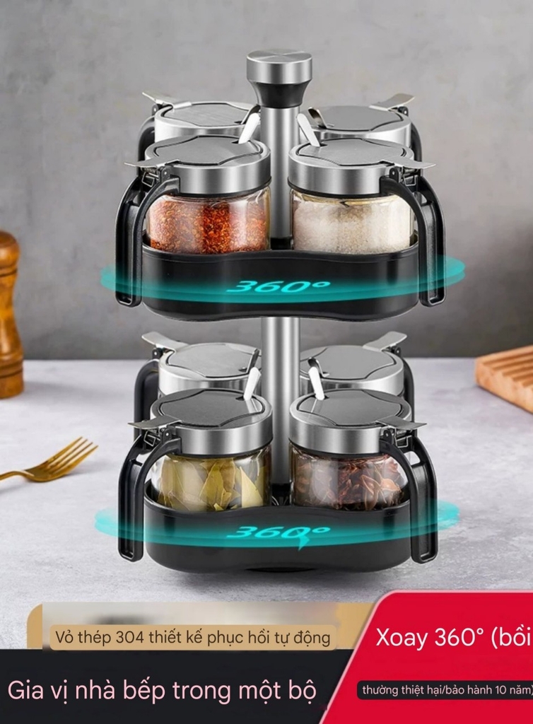 Bộ để gia vị 8 lọ có đế xoay 2 tầng
