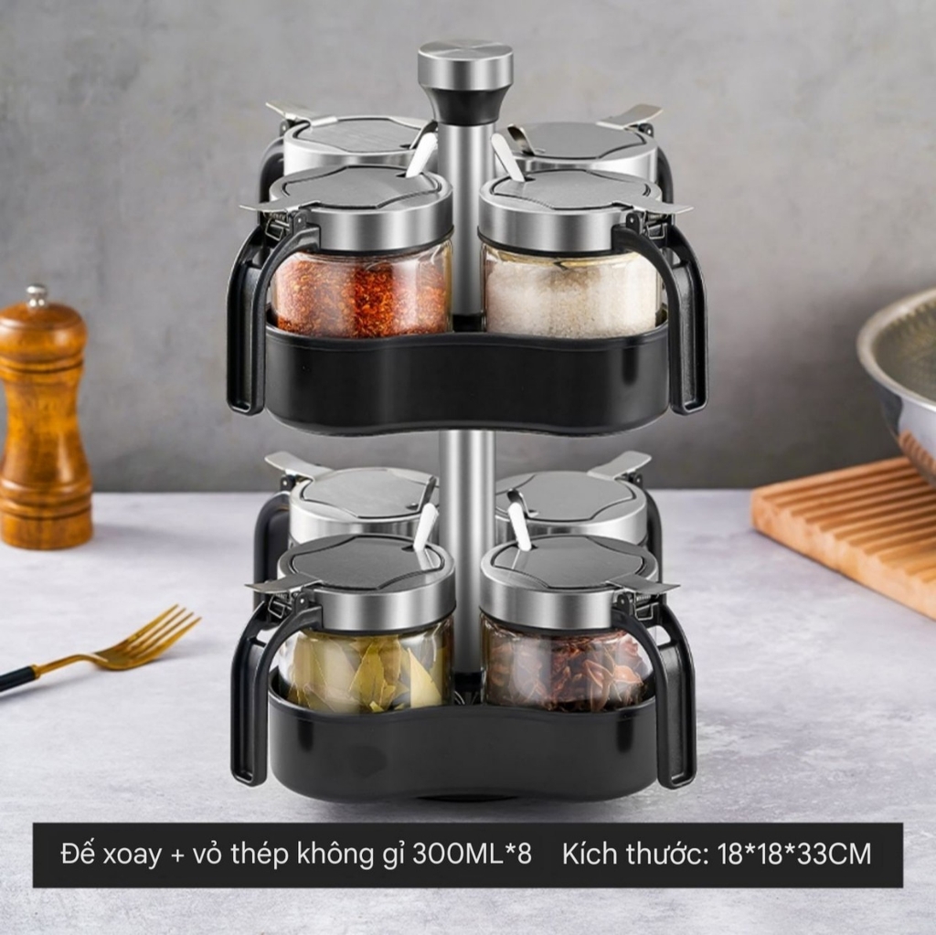 Bộ để gia vị 8 lọ có đế xoay 2 tầng