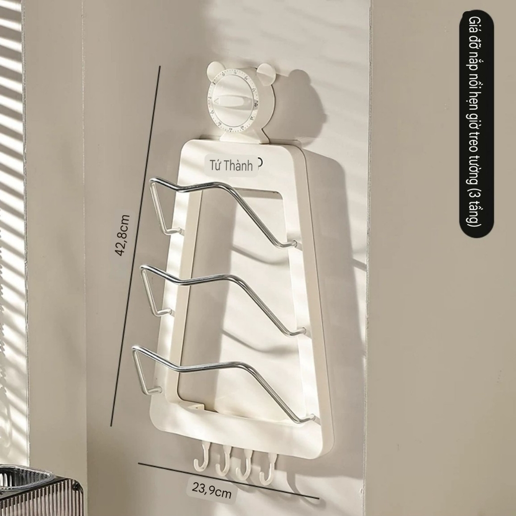 Giá đỡ nắp nồi 3 tầng có tích hợp đồng hồ hẹn giờ nấu ăn