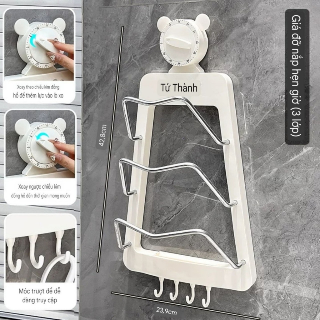 Giá đỡ nắp nồi 3 tầng có tích hợp đồng hồ hẹn giờ nấu ăn