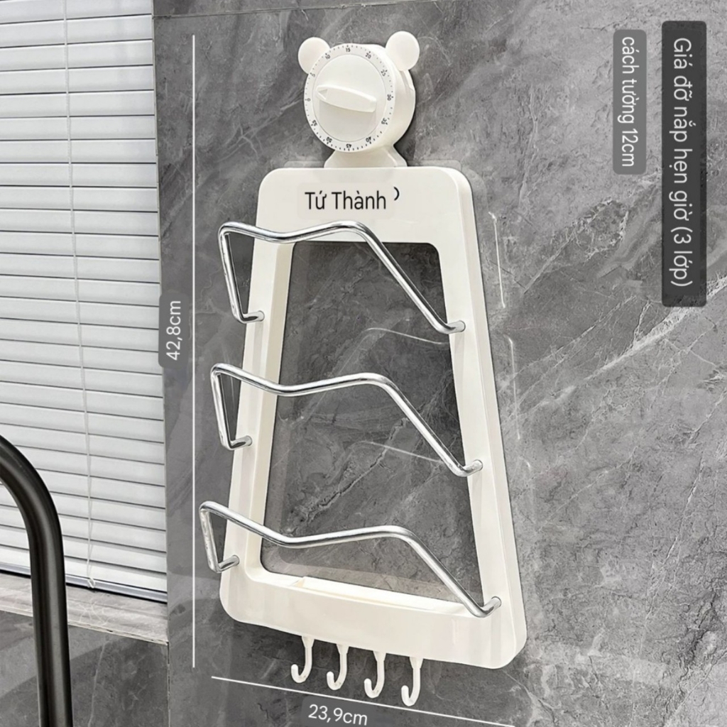 Giá đỡ nắp nồi 3 tầng có tích hợp đồng hồ hẹn giờ nấu ăn