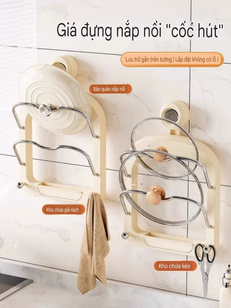 Giá gác nắp vung 2 tầng, kiểu hút tường