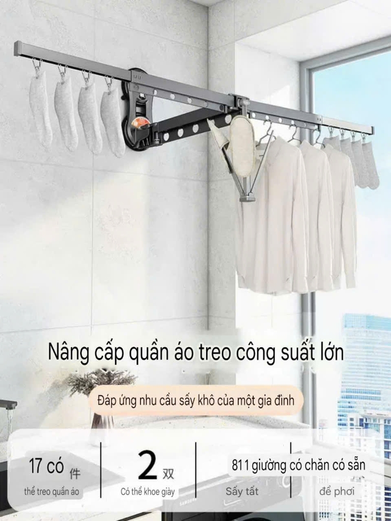Giàn phơi quần áo hợp kim nhôm kiểu hút tường