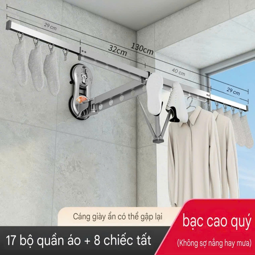 Giàn phơi quần áo hợp kim nhôm kiểu hút tường