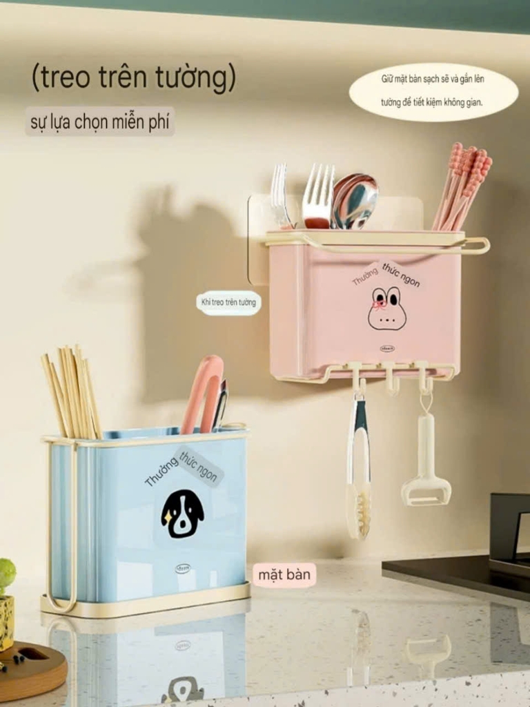 Hộp đựng đũa có móc treo đồ kiểu dán tường