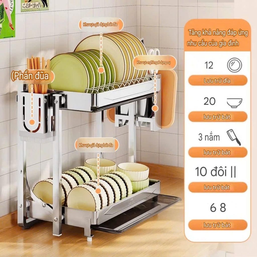 Kệ 2 tầng úp chén dĩa và để dao muỗng đũa