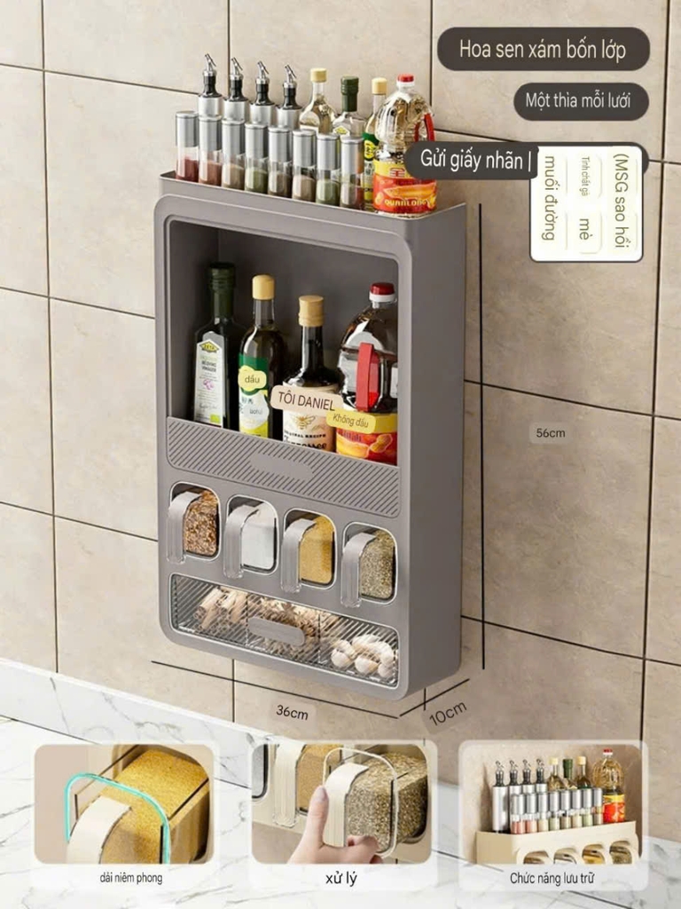 Kệ 4 tầng có ngăn kéo và 4 lọ để gia vị