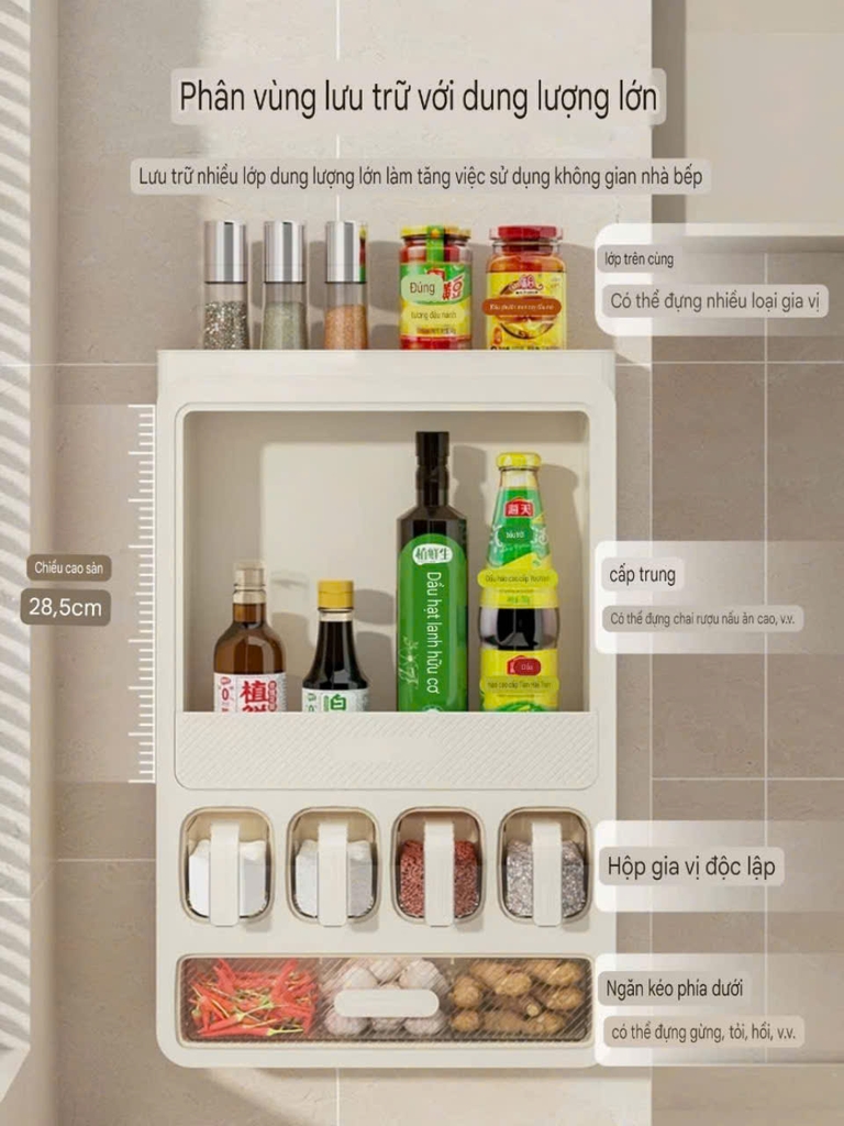 Kệ 4 tầng có ngăn kéo và 4 lọ để gia vị