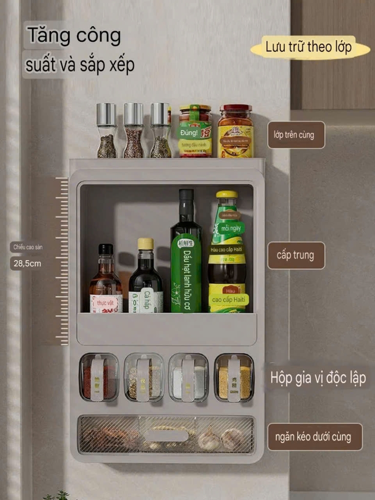 Kệ 4 tầng có ngăn kéo và 4 lọ để gia vị