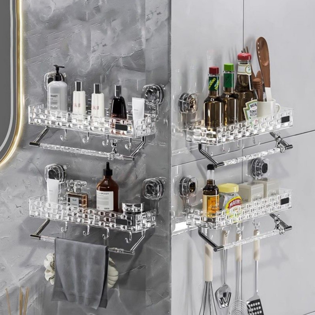 Kệ chữ nhật và kệ góc có móc và thanh máng đồ