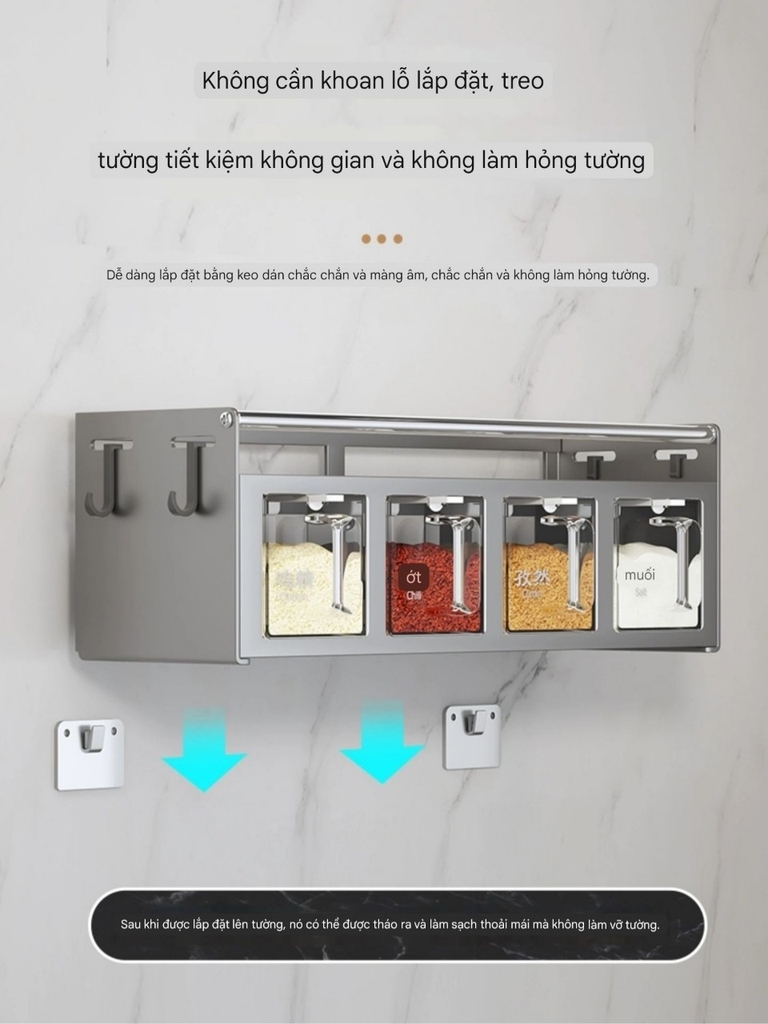Kệ để lọ gia vị và có hộp đựng gia vị kiểu dán tường