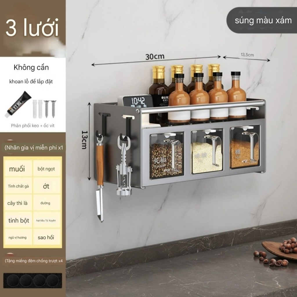 Kệ để lọ gia vị và có hộp đựng gia vị kiểu dán tường