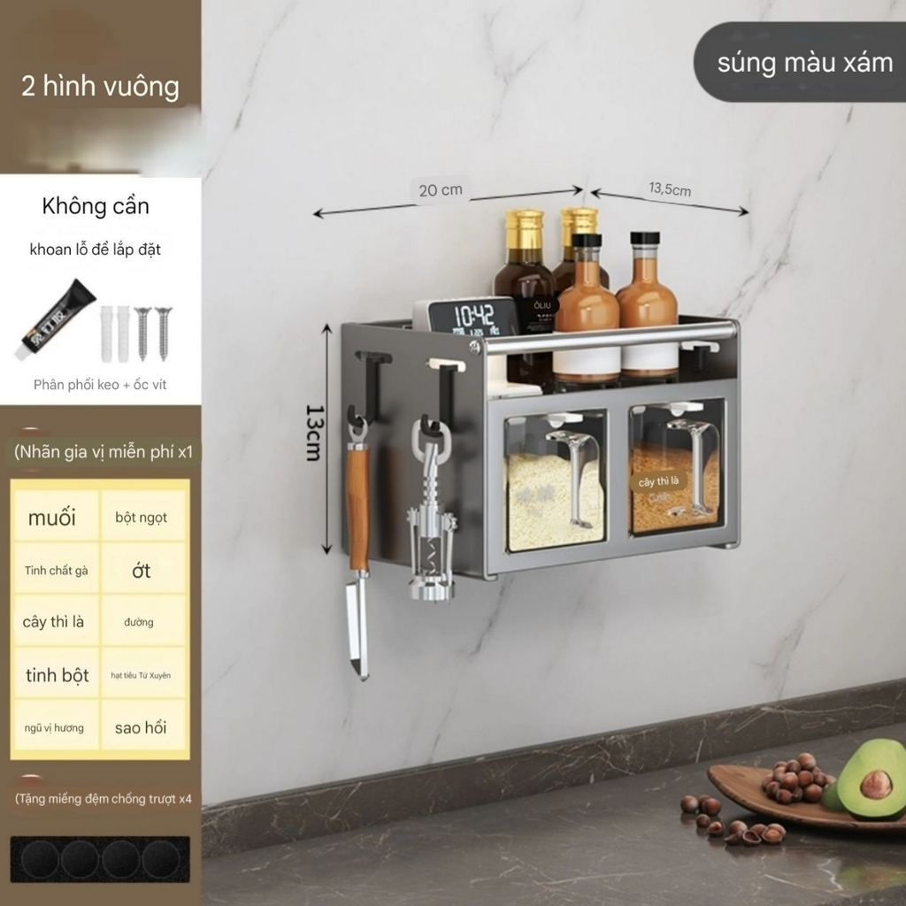 Kệ để lọ gia vị và có hộp đựng gia vị kiểu dán tường