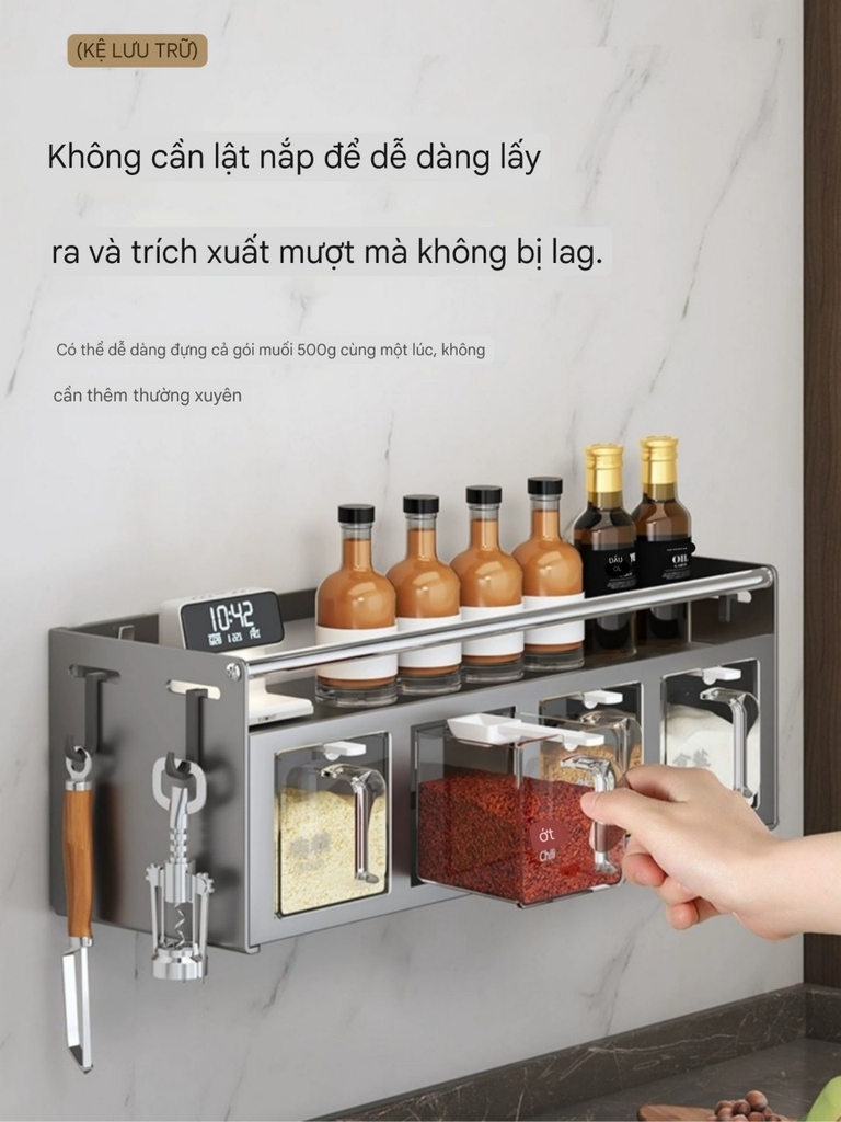 Kệ để lọ gia vị và có hộp đựng gia vị kiểu dán tường